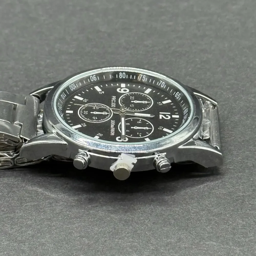 Unbranded Mens Chronograph Watch Black Dial Silver Steel Band Sports Quartz